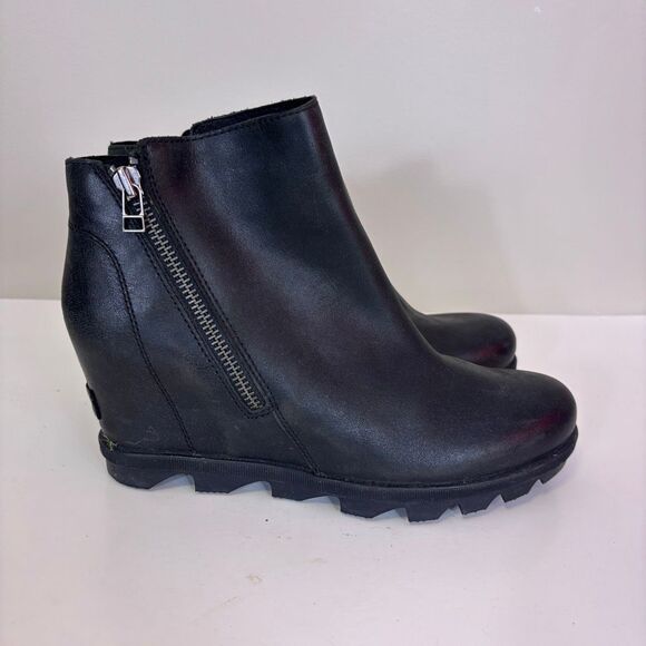 Sorel Black Leather Zipper Side Wedge Booties Women's 10 - Picture 1 of 8